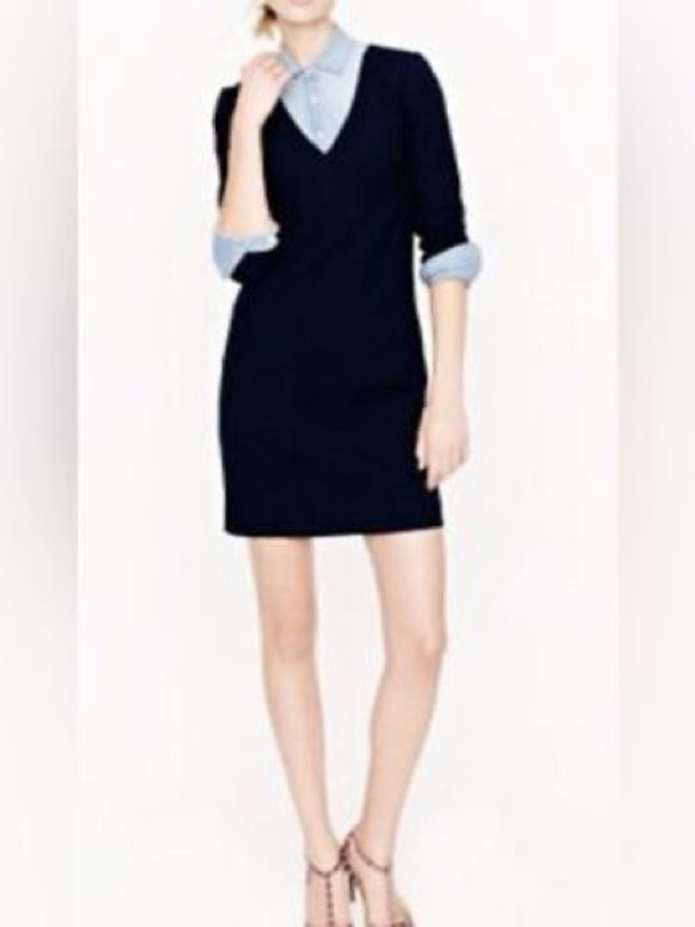 Vintage 2012 J. Crew Navy Blue Wool Crepe V-Neck 3/4 Sleeve Shift Dress